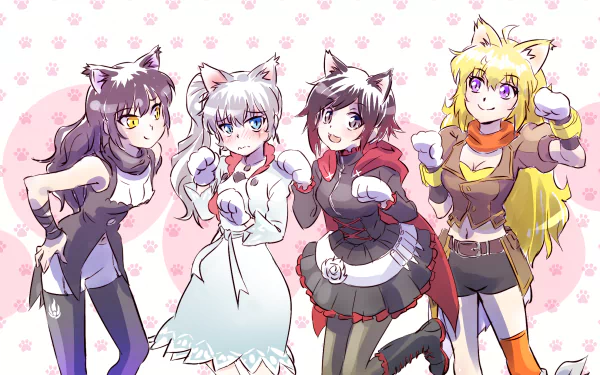 A vibrant HD desktop wallpaper featuring characters from RWBY, showcasing a playful group of four anime-style figures with distinct outfits and cat-like features against a colorful background.