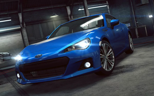 HD PC desktop wallpaper/background showing a blue sports car in a dim garage, from the video game Need For Speed: No Limits.