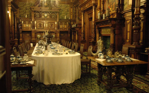 A richly decorated dining room at Peles Castle in Romania, featuring a long table set elegantly amidst intricate wooden paneling and ornate furnishings, reflecting medieval architecture.