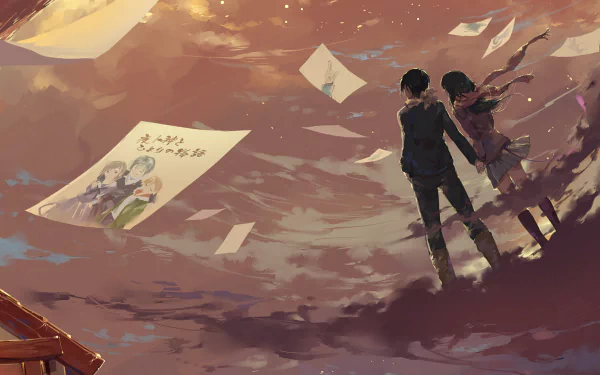 A stunning HD wallpaper featuring Yukine, Hiyori Iki, and Yato from Noragami, set against a vibrant backdrop with floating papers, capturing a moment of connection and adventure.