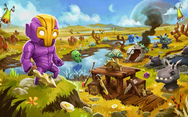 HD desktop wallpaper featuring a vibrant scene from the game Crashlands with a character and whimsical creatures on an alien planet.