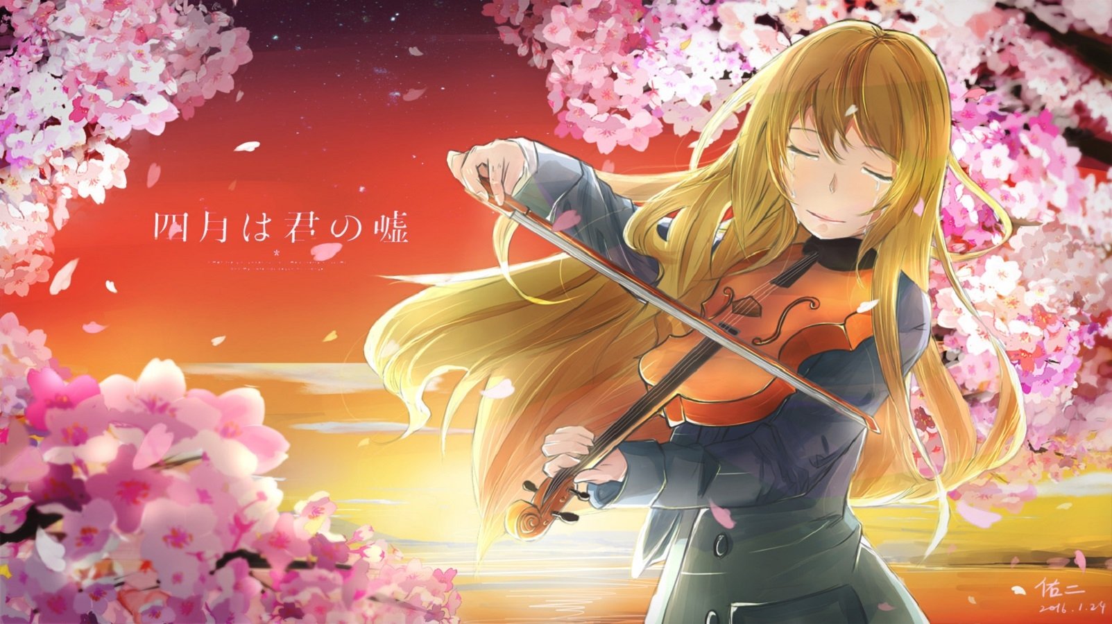 A vibrant HD wallpaper featuring Kaori Miyazono from Your Lie in April, playing the violin against a backdrop of cherry blossoms and a breathtaking sunset.