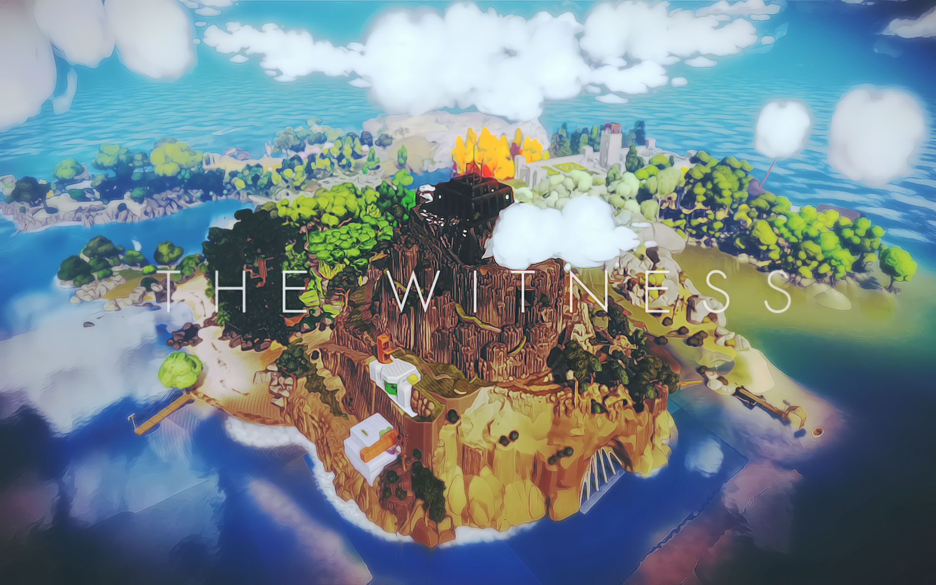 HD desktop wallpaper featuring the vibrant island landscape from the game 'The Witness,' with clear skies and the game's title displayed.