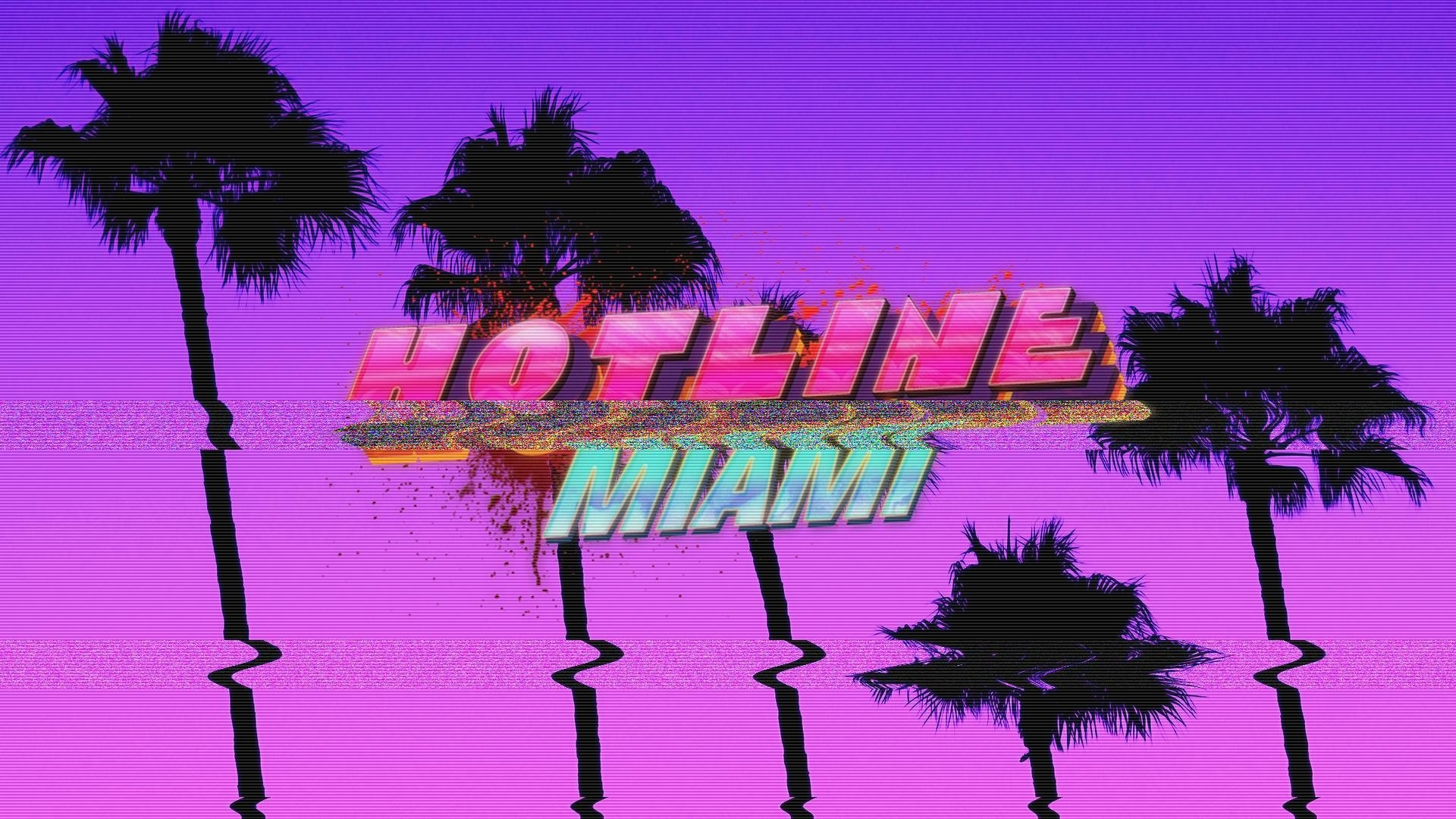 HD PC desktop wallpaper/background of the Hotline Miami video game logo in neon glitch style over silhouetted palm trees on a purple-pink gradient.
