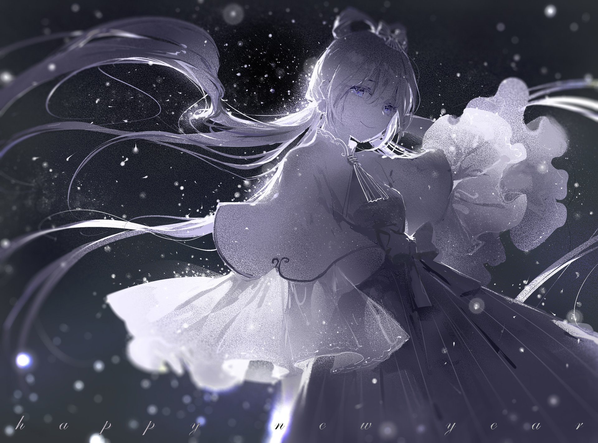 Anime-style HD desktop wallpaper featuring Luo Tianyi with long hair and glowing blue eyes set against a starry, cosmic background.