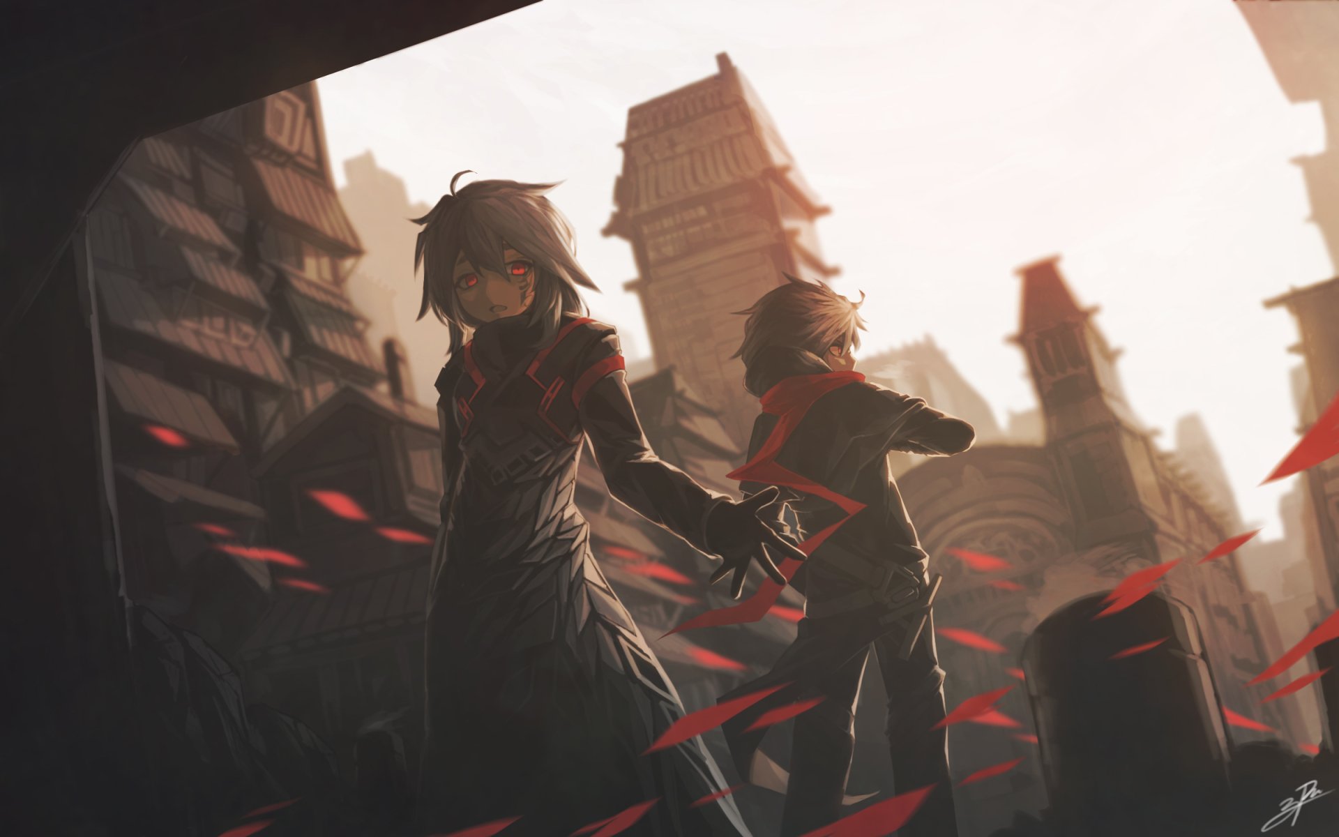 Two characters with white hair and red eyes stand against a backdrop of intricate buildings, set in a dramatic anime style. The scene is infused with swirling red elements, creating an intense atmosphere.