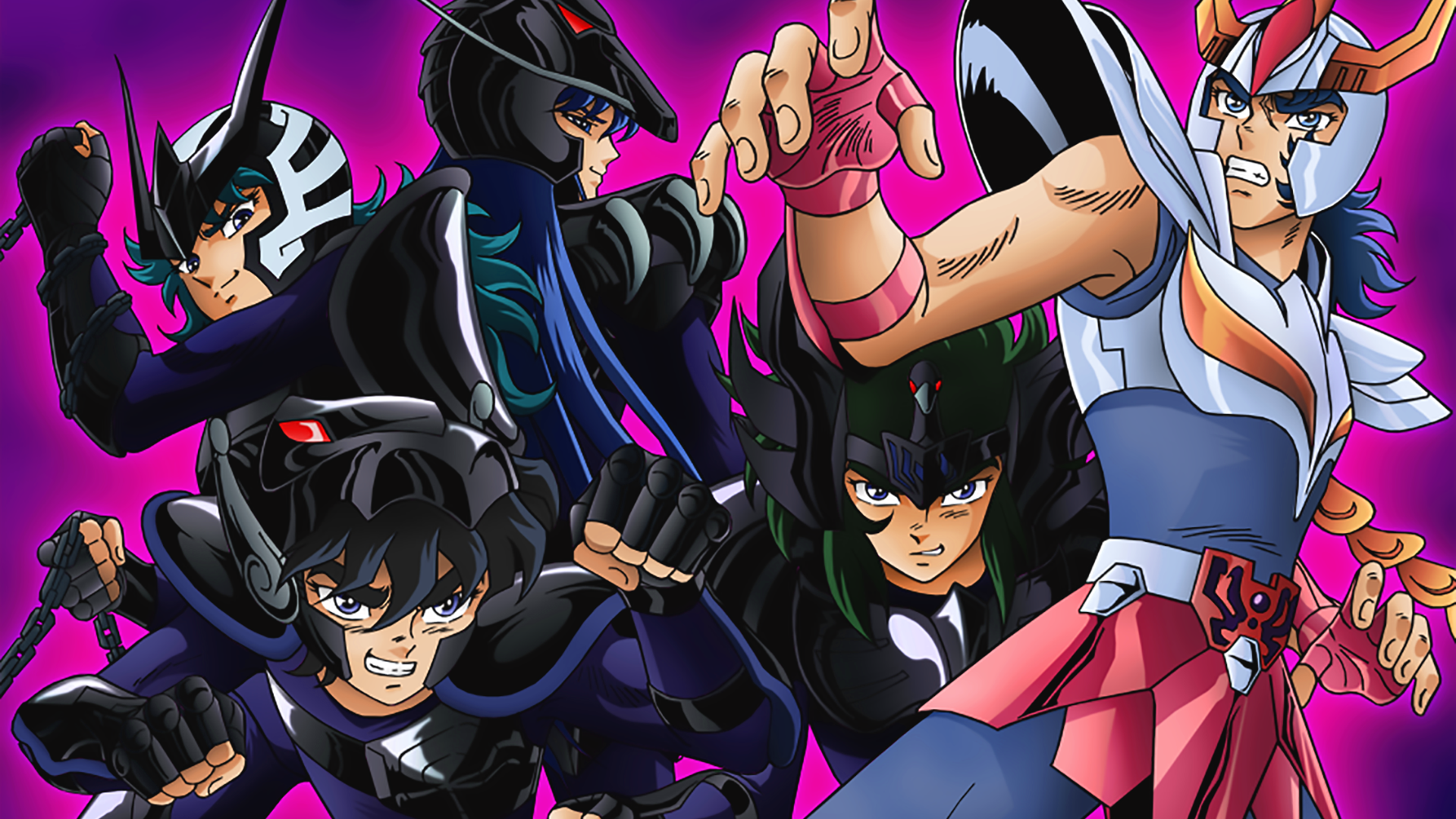 HD PC desktop wallpaper featuring Phoenix Ikki and other characters from the anime Saint Seiya in dynamic action poses against a vibrant purple background.
