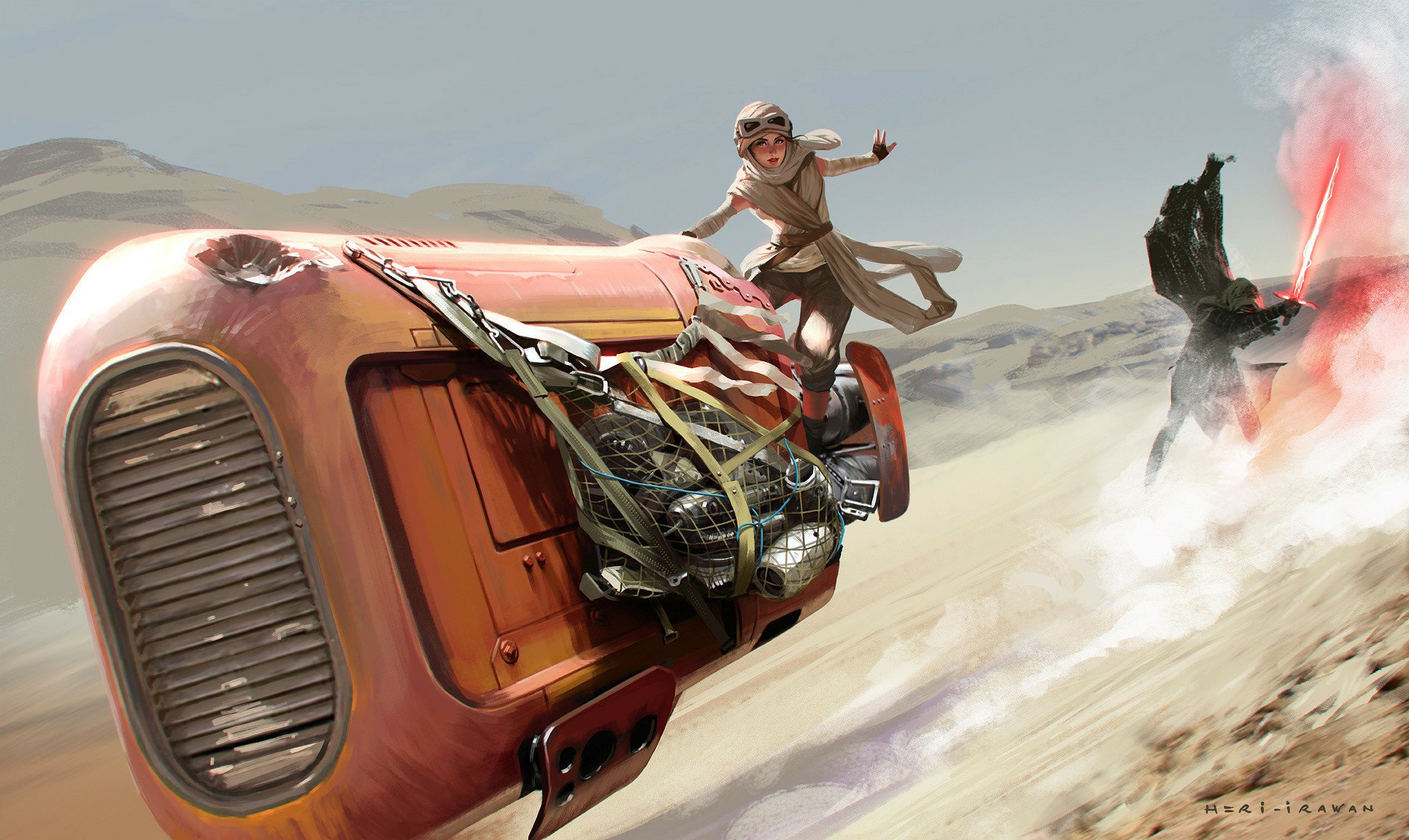 HD PC desktop wallpaper featuring Kylo Ren and Rey from Star Wars Episode VII: The Force Awakens in a dynamic desert chase scene.