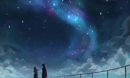 HD desktop wallpaper featuring a scene from the anime Your Lie in April, depicting two characters standing beneath a starry night sky with a vibrant array of stars and clouds.