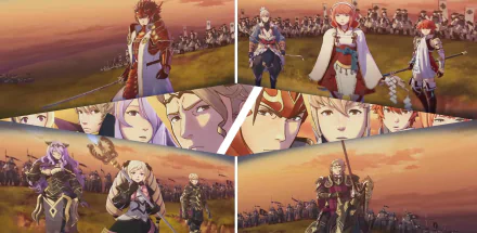 HD desktop wallpaper featuring a collage of characters from Fire Emblem Fates: Conquest in various battle poses.