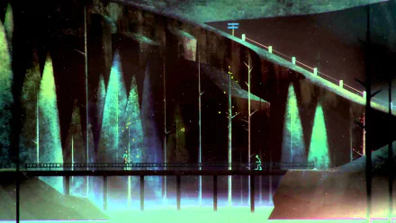 HD Oxenfree game wallpaper featuring a bridge with eerie lighting and silhouettes of characters against a mystical backdrop.