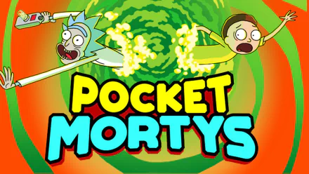 HD desktop wallpaper featuring characters Rick Sanchez and Morty Smith from Rick and Morty: Pocket Mortys with a vibrant background.
