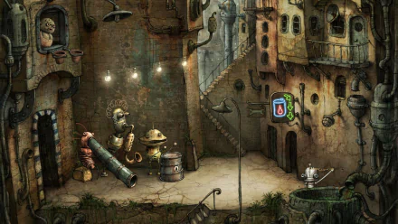 HD desktop wallpaper featuring a detailed, atmospheric scene from the puzzle video game Machinarium, showcasing its unique steampunk-inspired environment.