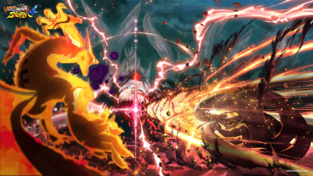A vibrant HD desktop wallpaper featuring Eight-Tails and Nine-Tails from Naruto Shippuden Ultimate Ninja Storm 4 in an intense battle scene.
