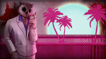 HD PC desktop wallpaper featuring Hotline Miami's vibrant retro aesthetic with a character in an owl mask against a neon-lit tropical backdrop.