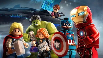 HD wallpaper of LEGO Marvel's Avengers featuring Hulk, Iron Man, Captain America, Thor, and Hawkeye in action poses.