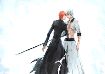 A dramatic scene featuring Ichigo Kurosaki with orange hair and blue eyes confronting Grimmjow Jaegerjaquez with blue hair, both armed with a katana, set against a soft background.