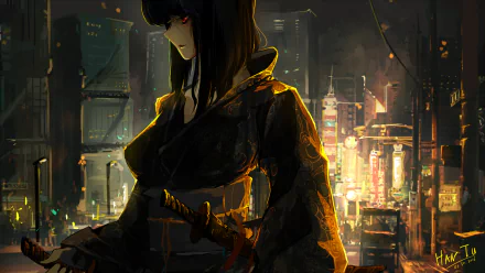 A dark, atmospheric scene featuring Motoko Kusanagi in a yukata, wielding a katana against a vibrant city backdrop, embodying the essence of Ghost in the Shell.