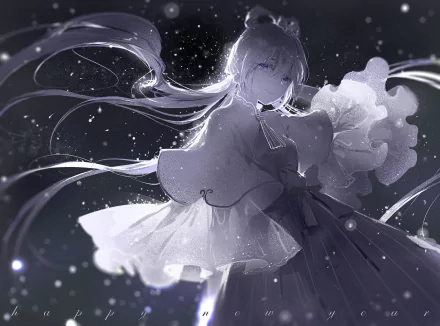 Anime-style HD desktop wallpaper featuring Luo Tianyi with long hair and glowing blue eyes set against a starry, cosmic background.