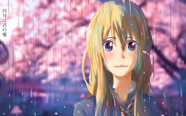 A stunning 4K Ultra HD wallpaper featuring Kaori Miyazono from the anime Your Lie in April, set against a backdrop of cherry blossoms and gentle rain.