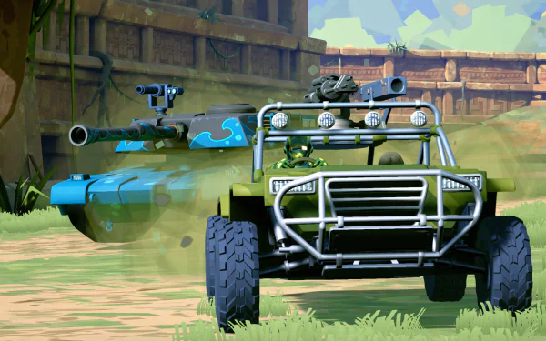 An HD desktop wallpaper featuring dynamic vehicles from the game Hardware: Rivals, showcasing an exciting scene with a green off-road vehicle and a blue tank.