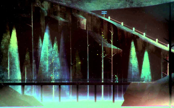 HD Oxenfree game wallpaper featuring a bridge with eerie lighting and silhouettes of characters against a mystical backdrop.