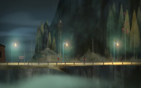 HD desktop wallpaper of Oxenfree game featuring characters by a misty lakeside with eerie glowing lights and shadowy forest backdrop.