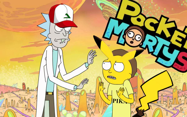 HD desktop wallpaper of Rick and Morty: Pocket Mortys with Rick Sanchez and Morty Smith against a vibrant, cartoonish backdrop.
