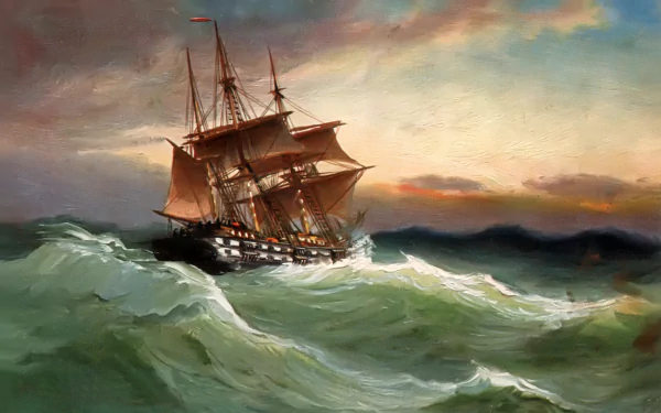 HD artistic painting of a sailboat battling towering waves in a stormy sea, captured as a vivid desktop wallpaper and background.