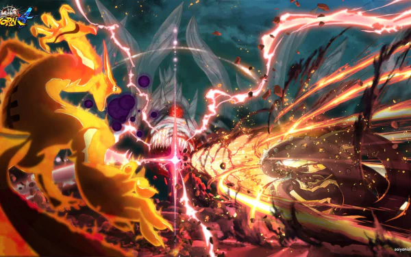 A vibrant HD desktop wallpaper featuring Eight-Tails and Nine-Tails from Naruto Shippuden Ultimate Ninja Storm 4 in an intense battle scene.