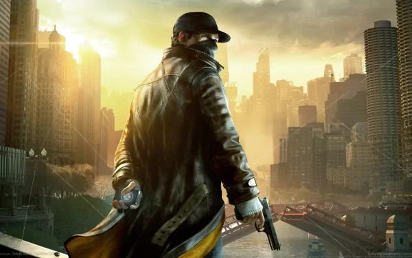 Aiden Pearce stands confidently with a gun in hand, overlooking a cityscape at sunset. This HD wallpaper captures the essence of the video game Watch Dogs.