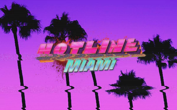 HD PC desktop wallpaper/background of the Hotline Miami video game logo in neon glitch style over silhouetted palm trees on a purple-pink gradient.