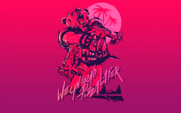 HD PC wallpaper for the video game Hotline Miami and Hotline Miami 2: Wrong Number — neon pink-to-purple gradient, moon with palm trees, masked muscular figure wielding guns in synthwave style.