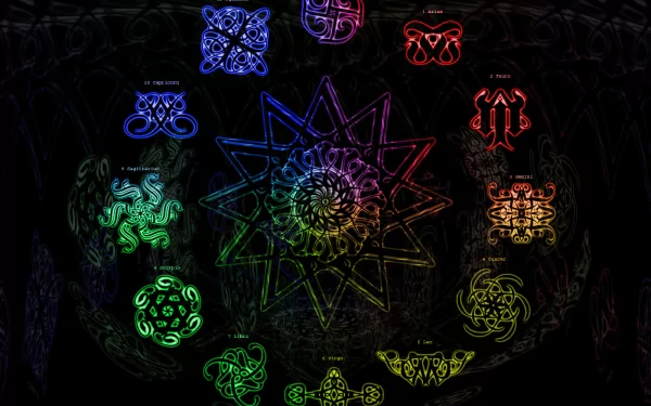 HD fantasy zodiac desktop wallpaper featuring intricate symbols and vibrant, colorful patterns set against a dark background.