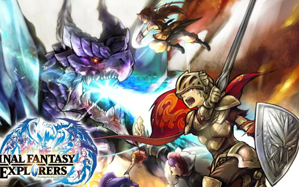 HD desktop wallpaper featuring action-packed scenes from Final Fantasy Explorers, showcasing intense battles between warriors and a dragon, with vibrant colors and dynamic characters.