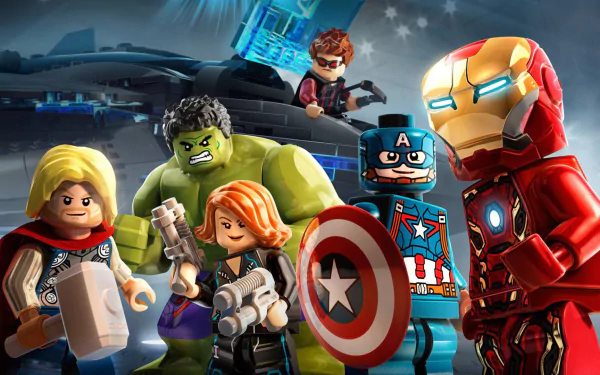 HD wallpaper of LEGO Marvel's Avengers featuring Hulk, Iron Man, Captain America, Thor, and Hawkeye in action poses.