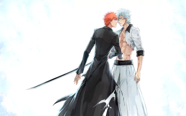 A dramatic scene featuring Ichigo Kurosaki with orange hair and blue eyes confronting Grimmjow Jaegerjaquez with blue hair, both armed with a katana, set against a soft background.