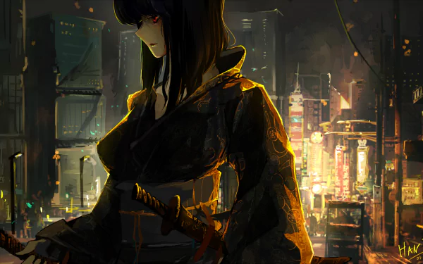 A dark, atmospheric scene featuring Motoko Kusanagi in a yukata, wielding a katana against a vibrant city backdrop, embodying the essence of Ghost in the Shell.