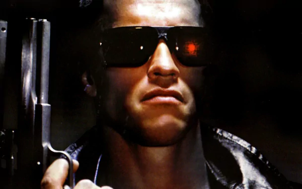 Arnold Schwarzenegger in a dramatic pose from the movie The Terminator, showcasing his iconic look with sunglasses and a gun, set against a dark background.