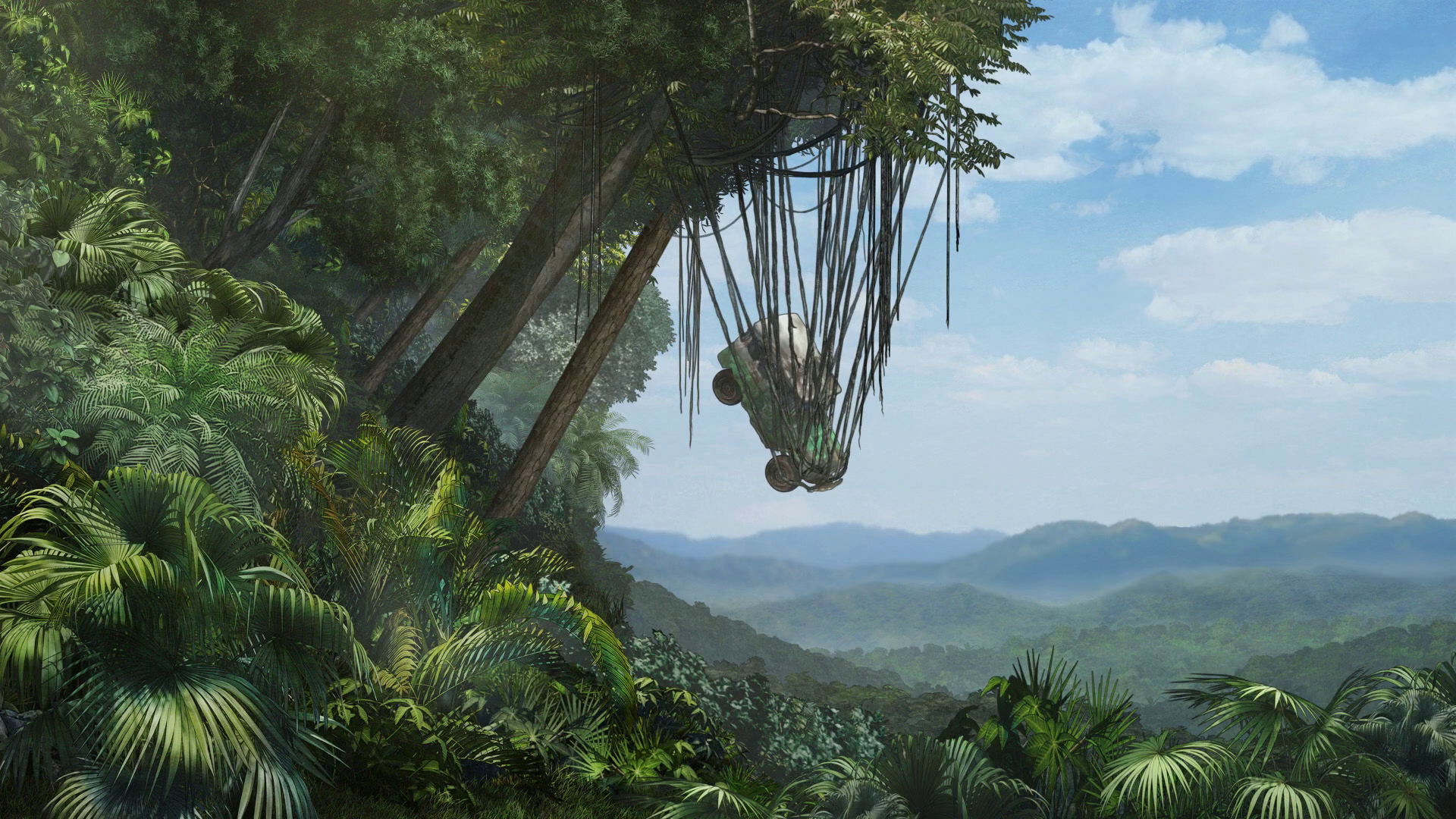 HD PC desktop wallpaper background — Archer (TV Show): lush tropical jungle vista with a vine-wrapped hanging pod over a misty canopy and distant blue mountains.