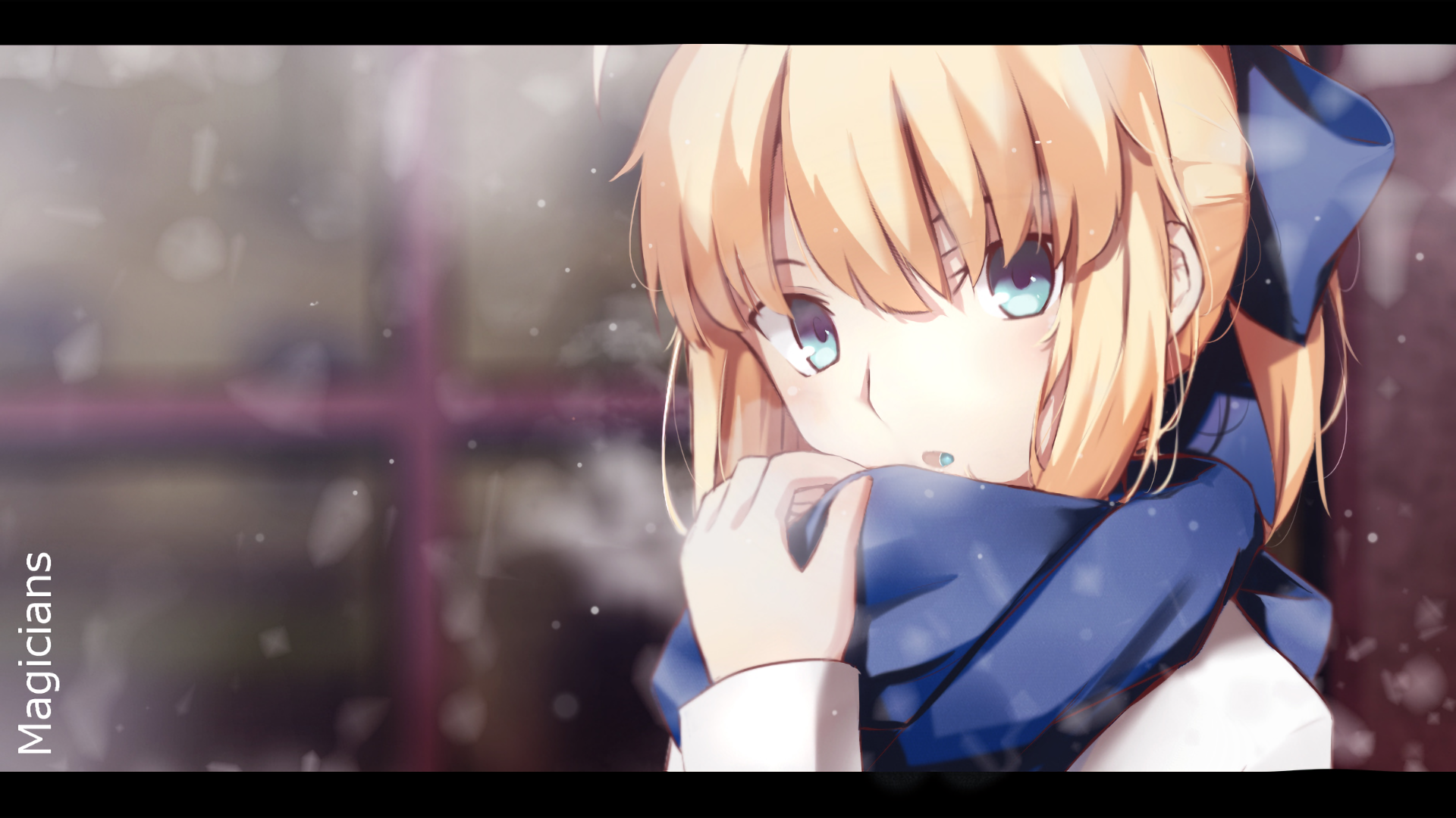 HD desktop wallpaper featuring Saber from the Fate/Stay Night anime series. The image depicts Saber with a soft expression, wrapped in a blue scarf with a snowy background.