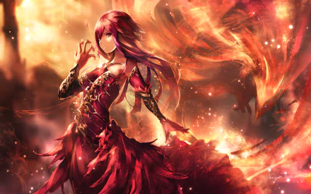 HD anime desktop wallpaper featuring an original character with flowing red hair and a fiery phoenix in the background, creating an intense and mystical atmosphere.