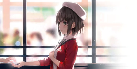 Megumi Katō from Saekano: How to Raise a Boring Girlfriend is featured in this HD desktop wallpaper, capturing her thoughtful expression against a blurred background.