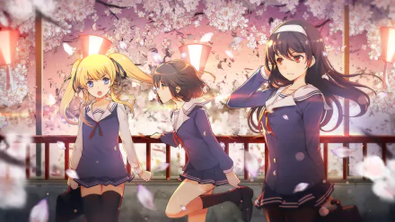 HD wallpaper featuring characters from Saekano: How to Raise a Boring Girlfriend, set against a beautiful cherry blossom backdrop, showcasing vibrant colors and dynamic poses.