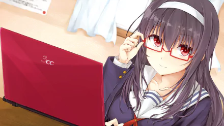 A vibrant HD wallpaper featuring Utaha Kasumigaoka from *Saekano: How to Raise a Boring Girlfriend*, set in a cozy room with her working on a laptop while wearing glasses.
