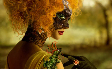 A glamorous woman with vibrant red hair, adorned in a masquera mask, jewelry, and elegant gloves, gazes over her shoulder, accompanied by a colorful lizard in a fantasy setting.
