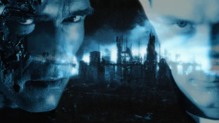 HD PC desktop wallpaper featuring intense close-ups of characters from the movie Terminator 2: Judgment Day against a dark, industrial cityscape background.