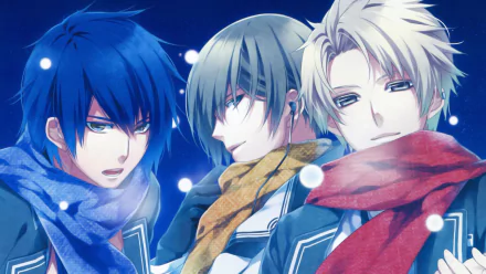 Anime characters Kakeru Yuiga, Natsuhiko Azuma, and Akito Shukuri from Norn9: Norn + Nonette, wearing colorful scarves against a soft blue background. HD desktop wallpaper.