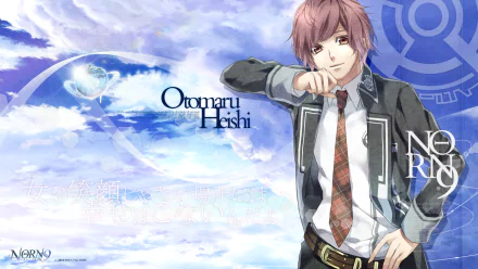 HD PC desktop wallpaper featuring Heishi Otomaru from the anime Norn9: Norn + Nonette, set against a cloudy blue sky with stylized graphic elements.
