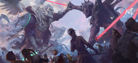 HD Sci-Fi desktop wallpaper depicting a dramatic Star Wars battle with giant winged figures wielding lightsabers amid intense combat.